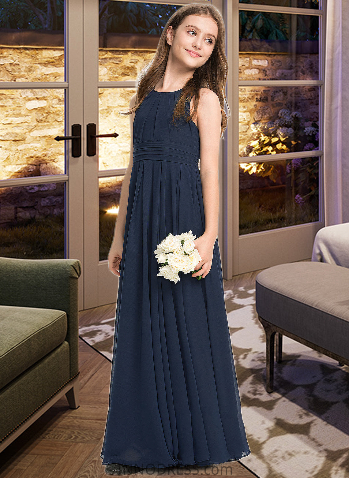 Nia A-Line Scoop Neck Floor-Length Chiffon Junior Bridesmaid Dress With Ruffle DPP0013441