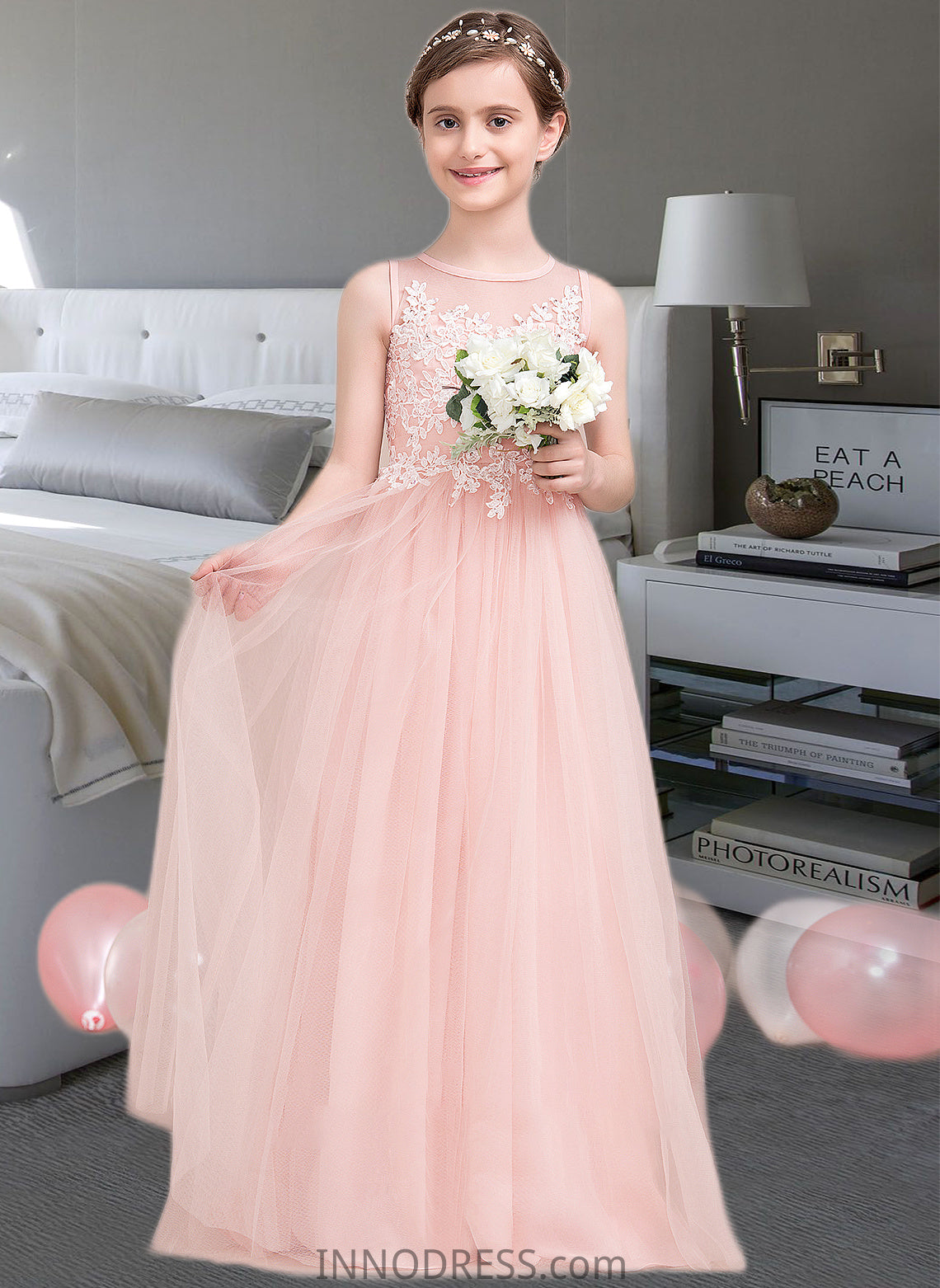 Jenna A-Line Scoop Neck Floor-Length Tulle Junior Bridesmaid Dress With Beading Sequins DPP0013444