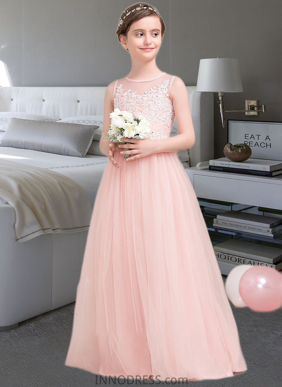 Jenna A-Line Scoop Neck Floor-Length Tulle Junior Bridesmaid Dress With Beading Sequins DPP0013444