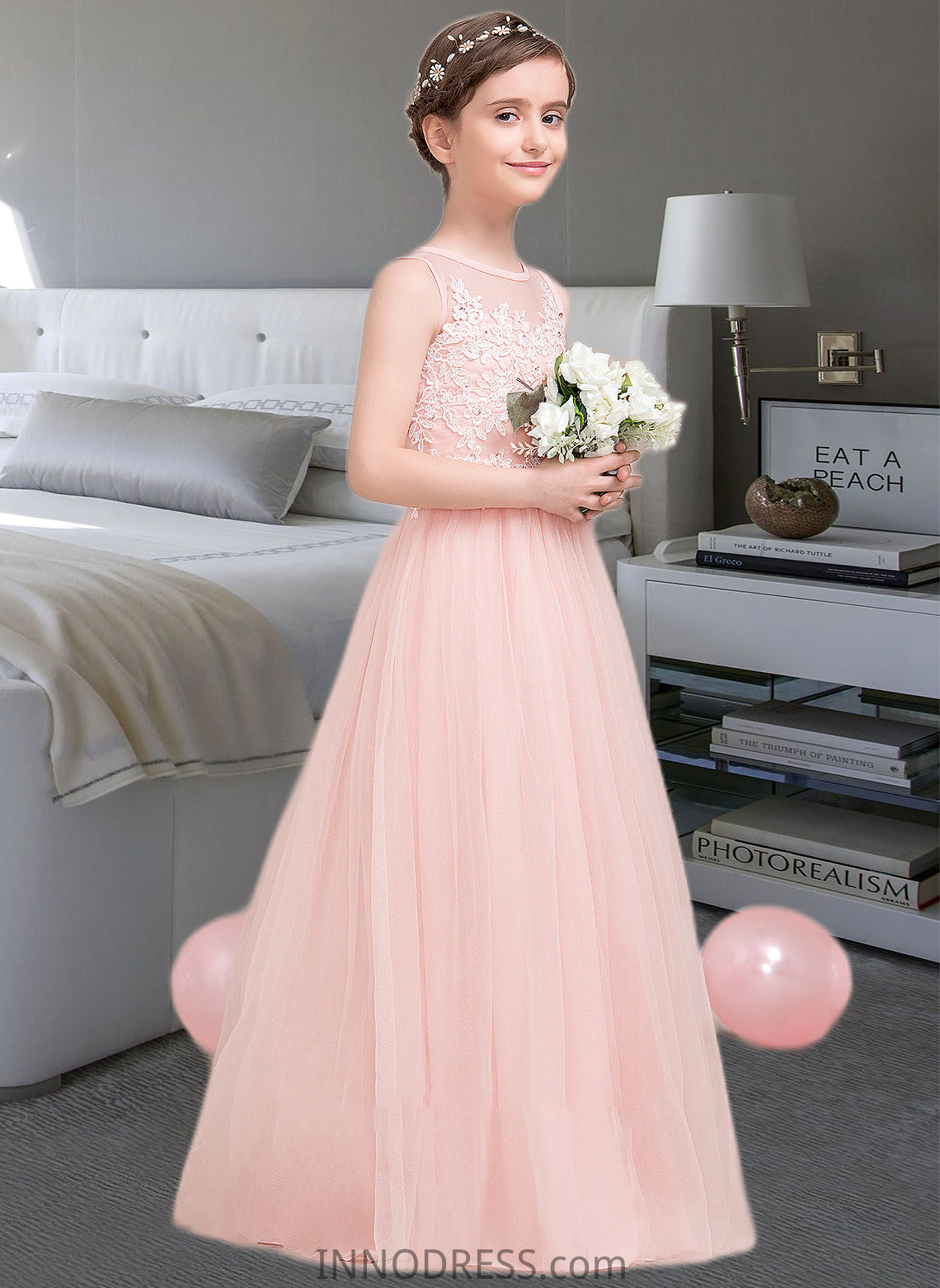 Jenna A-Line Scoop Neck Floor-Length Tulle Junior Bridesmaid Dress With Beading Sequins DPP0013444