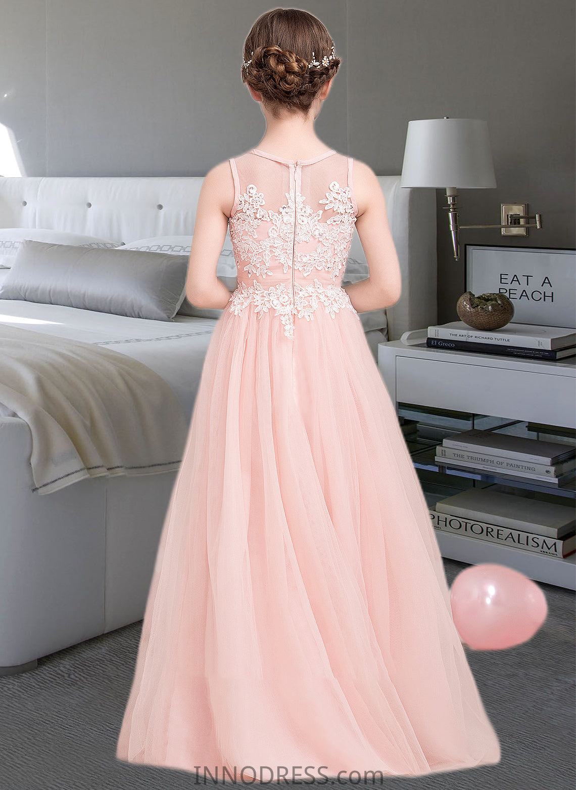 Jenna A-Line Scoop Neck Floor-Length Tulle Junior Bridesmaid Dress With Beading Sequins DPP0013444