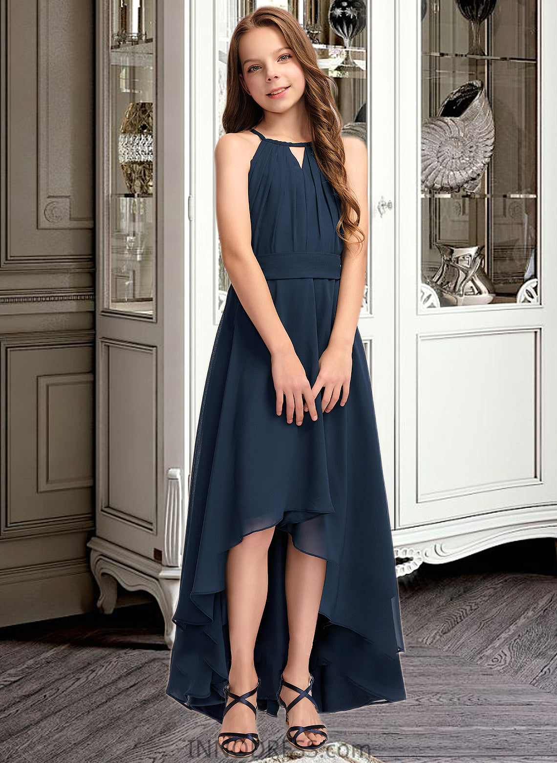 Ingrid A-Line Scoop Neck Asymmetrical Chiffon Junior Bridesmaid Dress With Bow(s) Ruffles DPP0013445