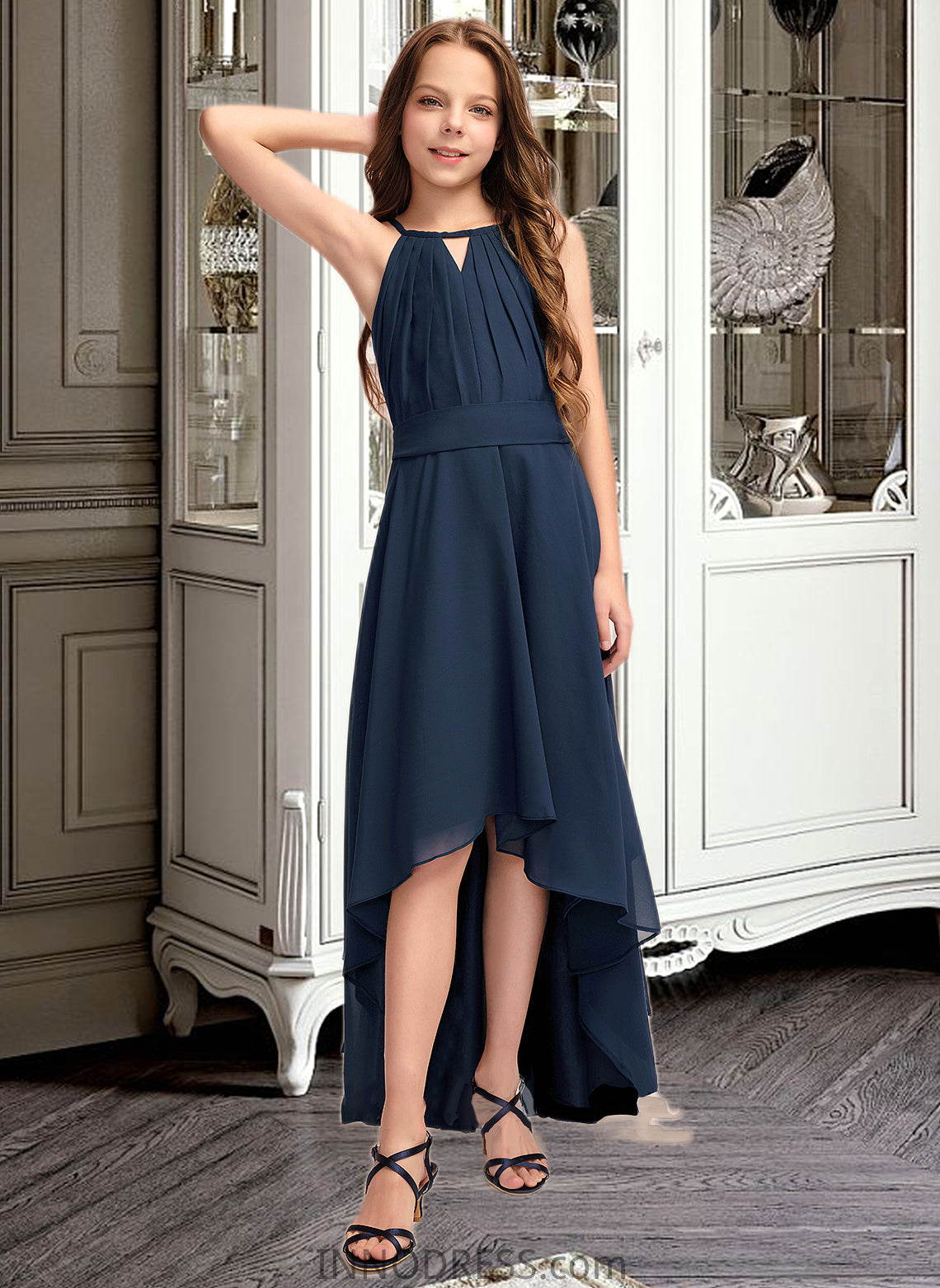 Ingrid A-Line Scoop Neck Asymmetrical Chiffon Junior Bridesmaid Dress With Bow(s) Ruffles DPP0013445