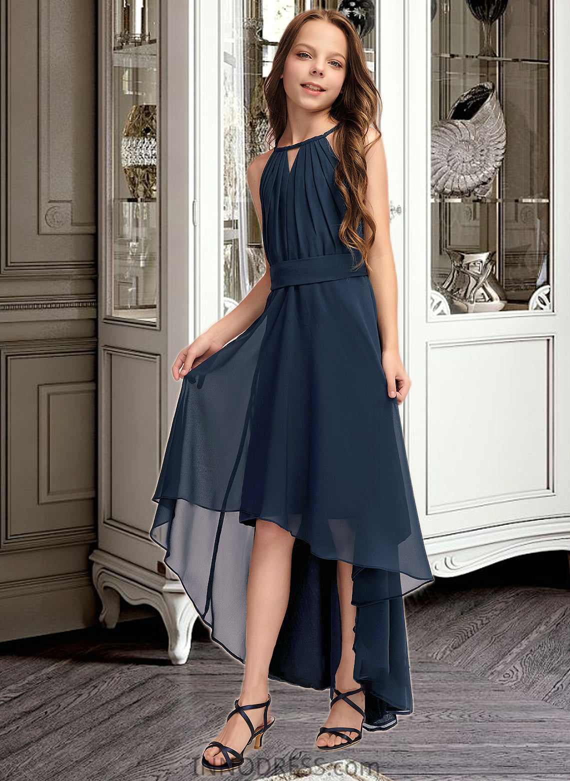 Ingrid A-Line Scoop Neck Asymmetrical Chiffon Junior Bridesmaid Dress With Bow(s) Ruffles DPP0013445