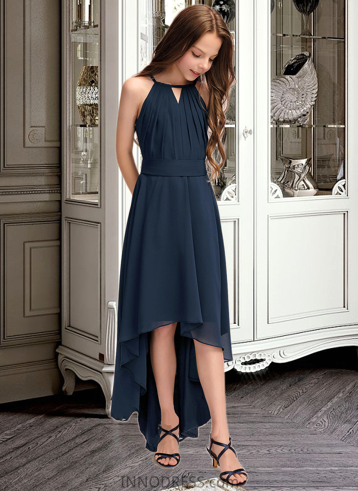 Ingrid A-Line Scoop Neck Asymmetrical Chiffon Junior Bridesmaid Dress With Bow(s) Ruffles DPP0013445