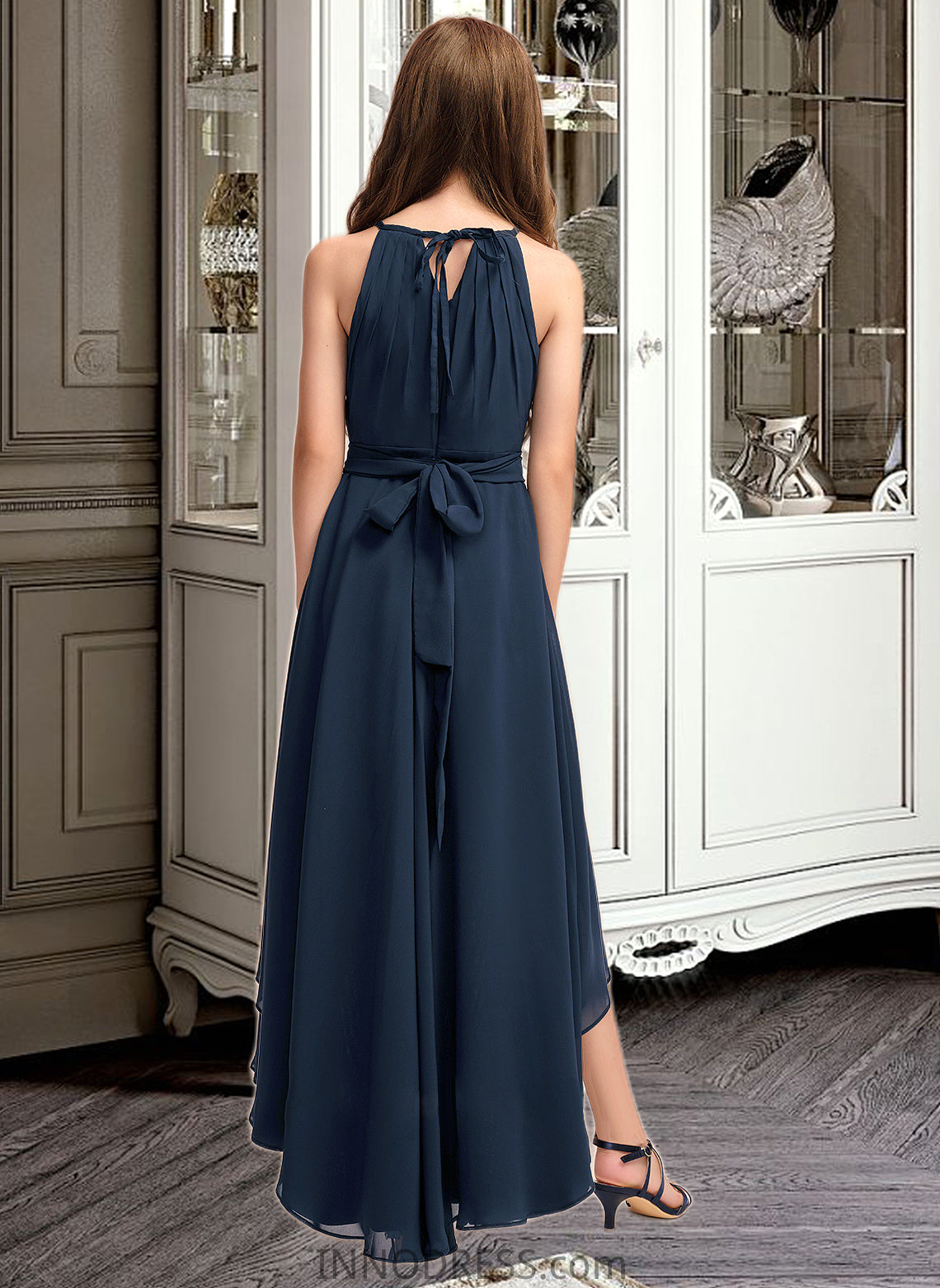 Ingrid A-Line Scoop Neck Asymmetrical Chiffon Junior Bridesmaid Dress With Bow(s) Ruffles DPP0013445