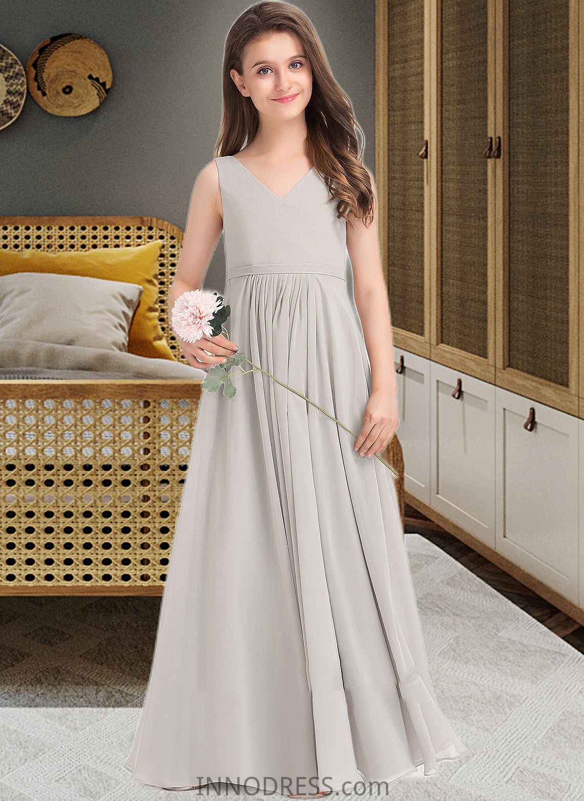 Kianna A-Line V-neck Floor-Length Chiffon Junior Bridesmaid Dress With Pockets DPP0013446