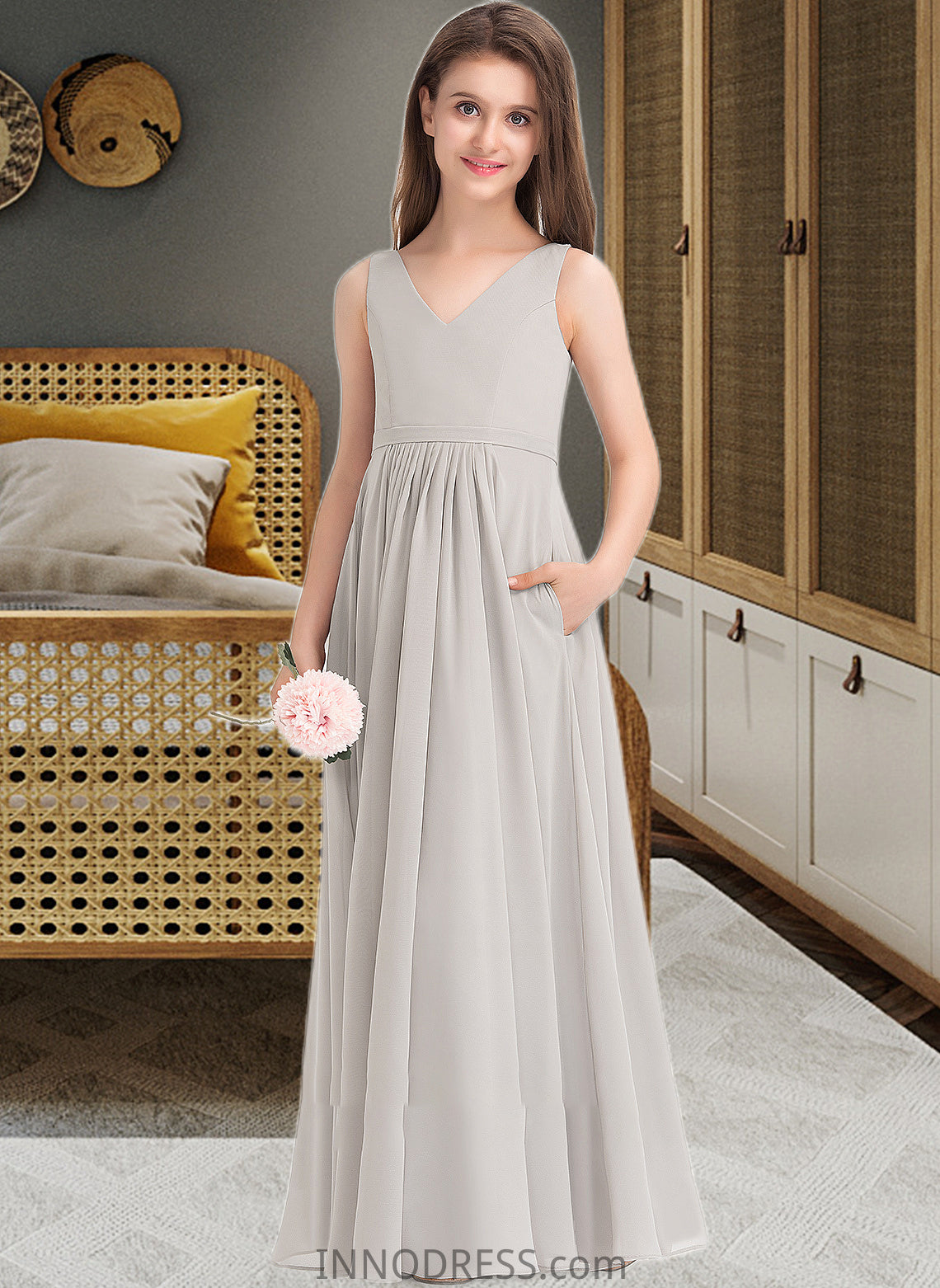 Kianna A-Line V-neck Floor-Length Chiffon Junior Bridesmaid Dress With Pockets DPP0013446