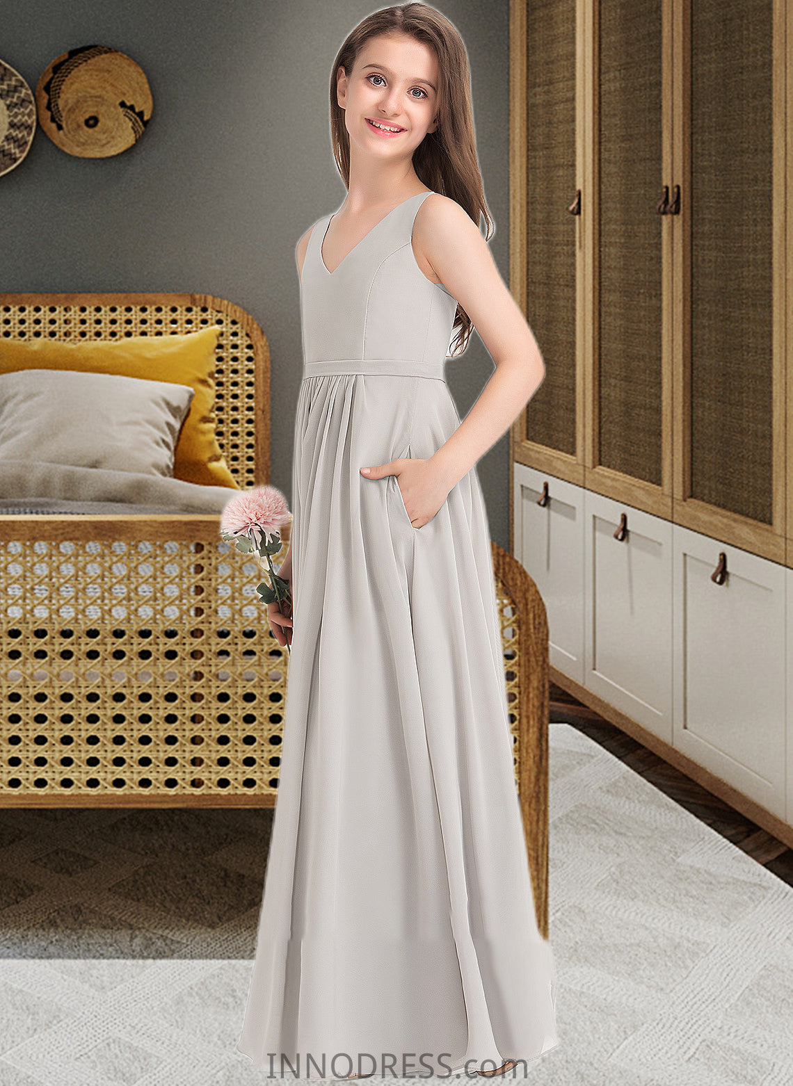 Kianna A-Line V-neck Floor-Length Chiffon Junior Bridesmaid Dress With Pockets DPP0013446