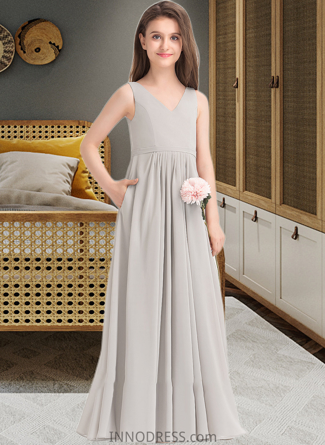 Kianna A-Line V-neck Floor-Length Chiffon Junior Bridesmaid Dress With Pockets DPP0013446