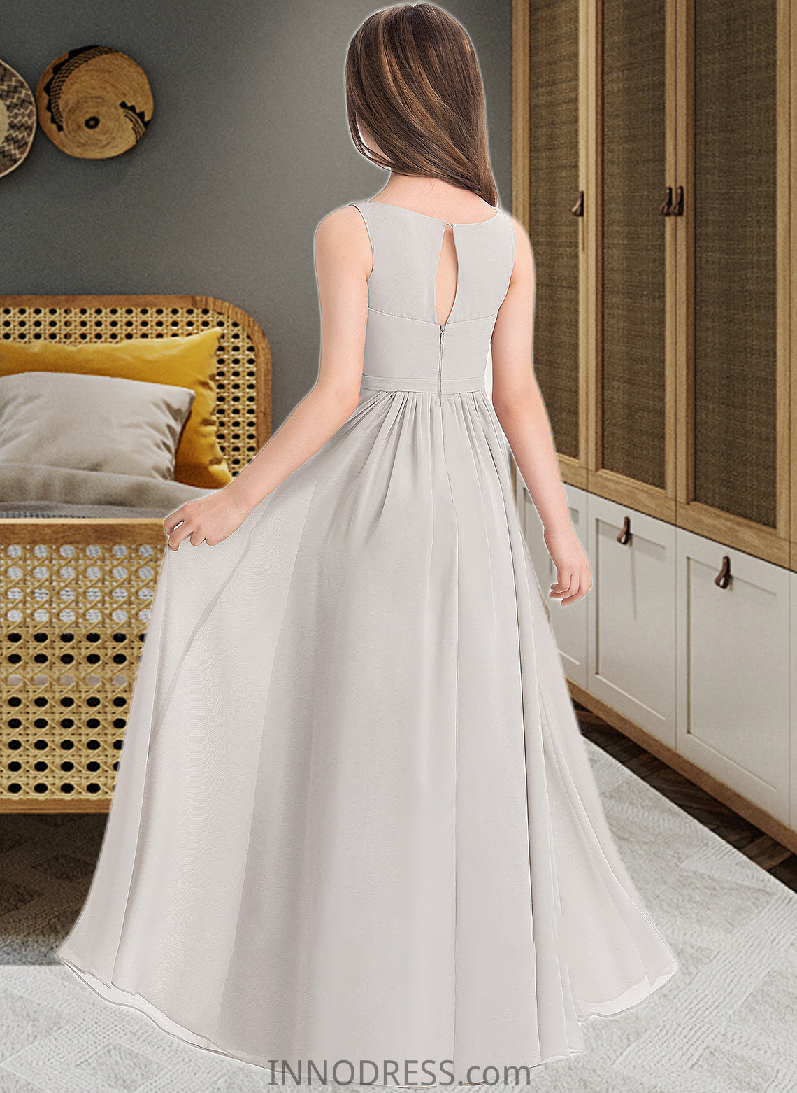 Kianna A-Line V-neck Floor-Length Chiffon Junior Bridesmaid Dress With Pockets DPP0013446