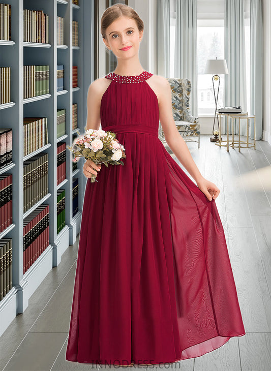 Willa A-Line Scoop Neck Floor-Length Chiffon Junior Bridesmaid Dress With Ruffle Beading Bow(s) DPP0013447