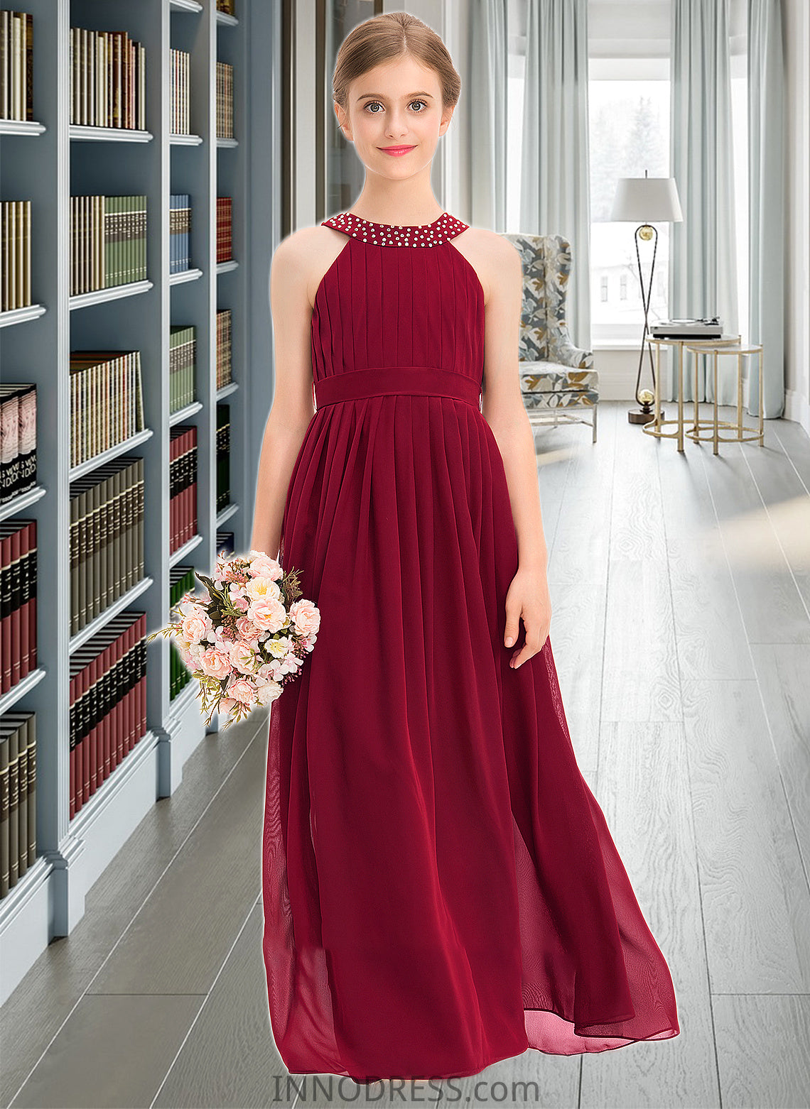 Willa A-Line Scoop Neck Floor-Length Chiffon Junior Bridesmaid Dress With Ruffle Beading Bow(s) DPP0013447