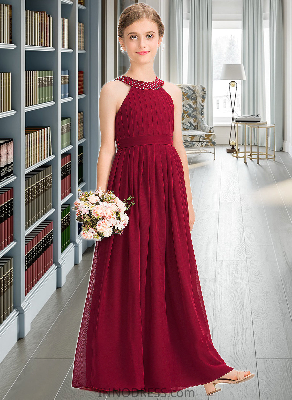 Willa A-Line Scoop Neck Floor-Length Chiffon Junior Bridesmaid Dress With Ruffle Beading Bow(s) DPP0013447