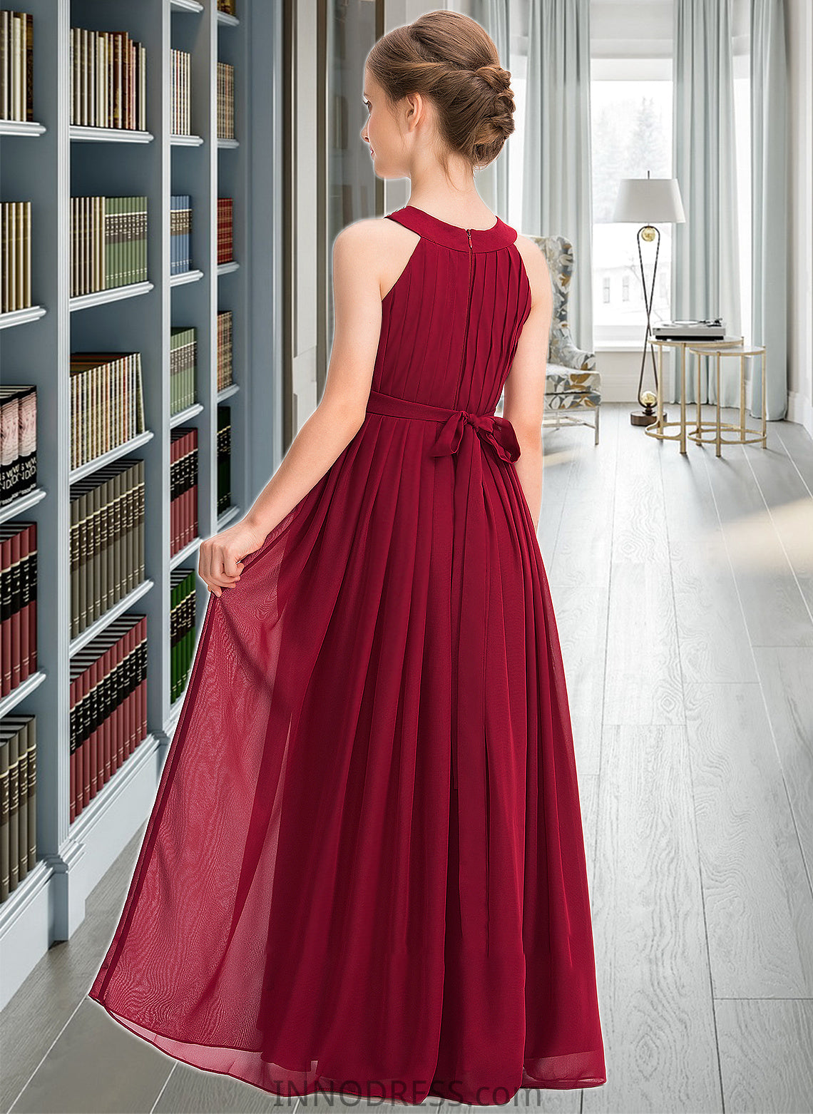 Willa A-Line Scoop Neck Floor-Length Chiffon Junior Bridesmaid Dress With Ruffle Beading Bow(s) DPP0013447