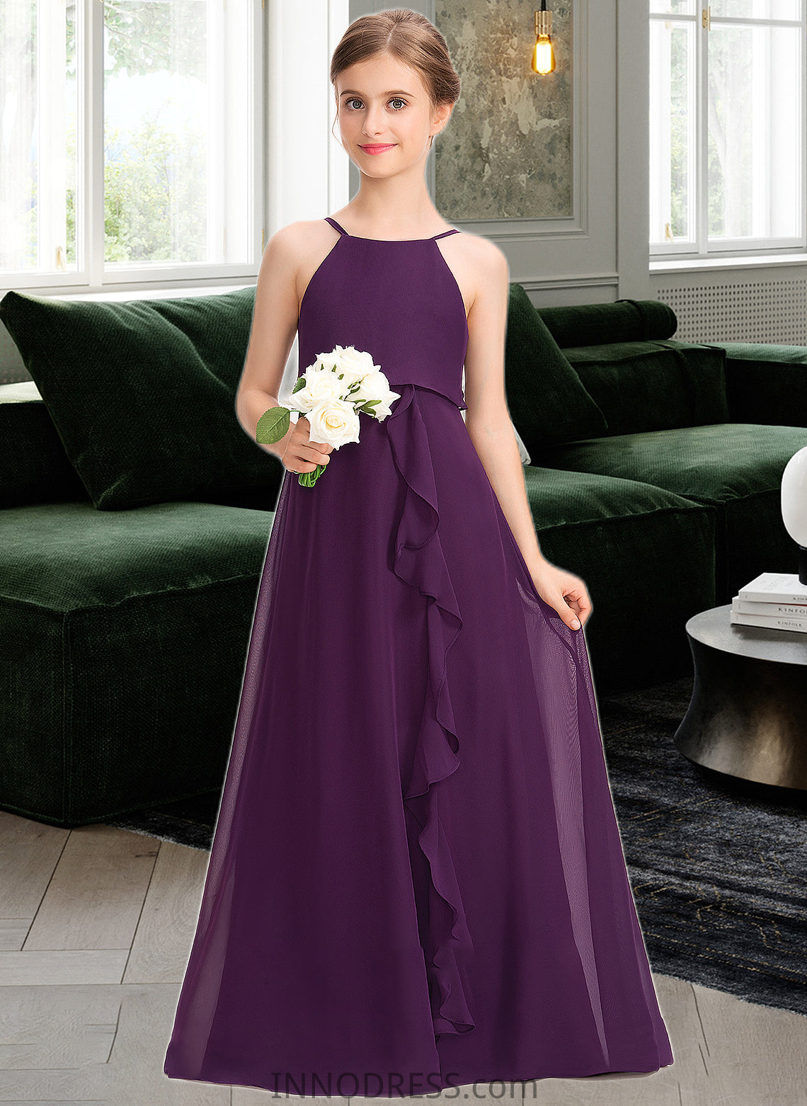 Leila A-Line Scoop Neck Floor-Length Chiffon Junior Bridesmaid Dress With Bow(s) Cascading Ruffles DPP0013448