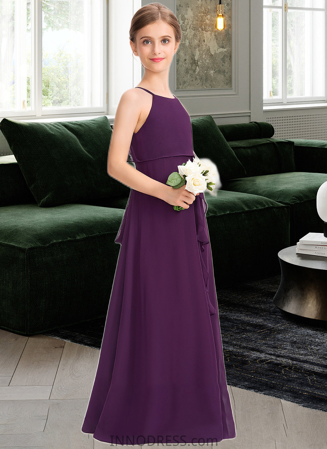 Leila A-Line Scoop Neck Floor-Length Chiffon Junior Bridesmaid Dress With Bow(s) Cascading Ruffles DPP0013448