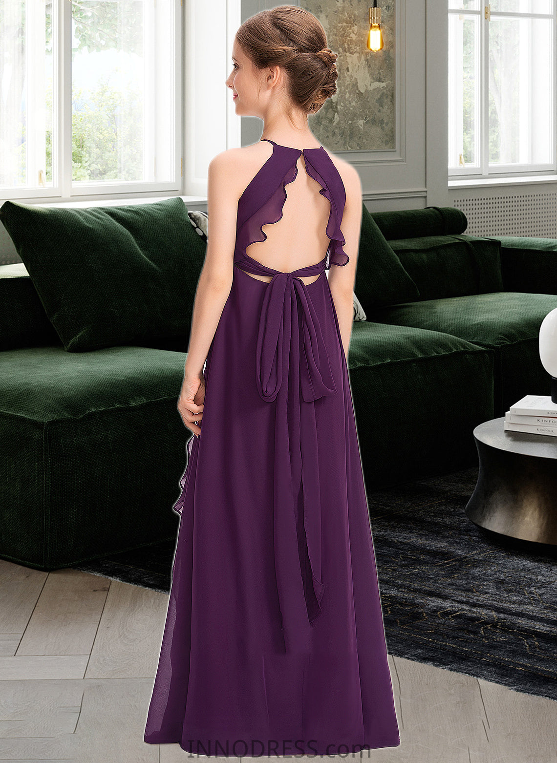 Leila A-Line Scoop Neck Floor-Length Chiffon Junior Bridesmaid Dress With Bow(s) Cascading Ruffles DPP0013448