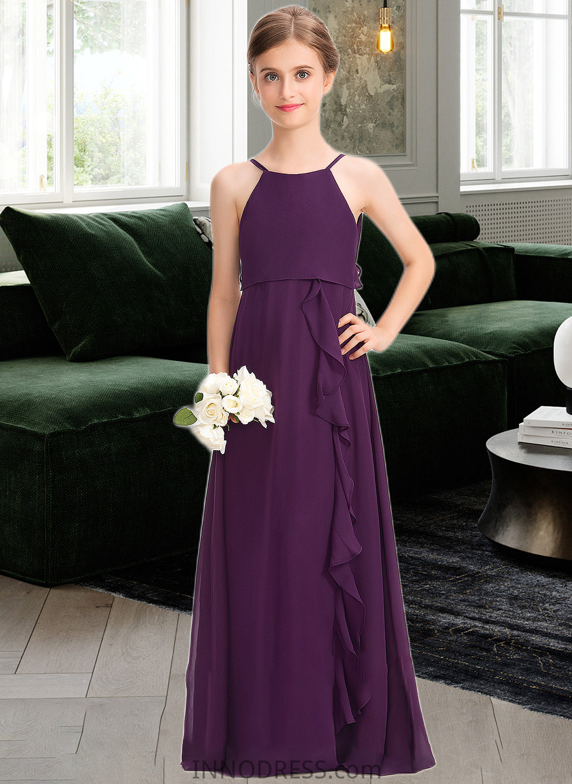 Leila A-Line Scoop Neck Floor-Length Chiffon Junior Bridesmaid Dress With Bow(s) Cascading Ruffles DPP0013448