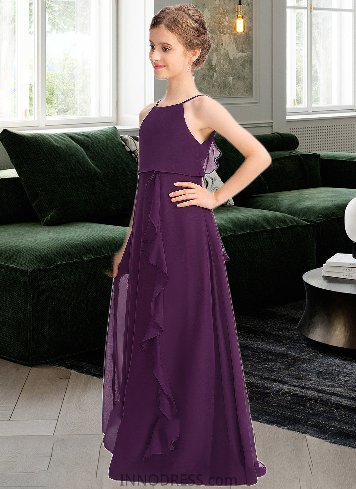 Leila A-Line Scoop Neck Floor-Length Chiffon Junior Bridesmaid Dress With Bow(s) Cascading Ruffles DPP0013448