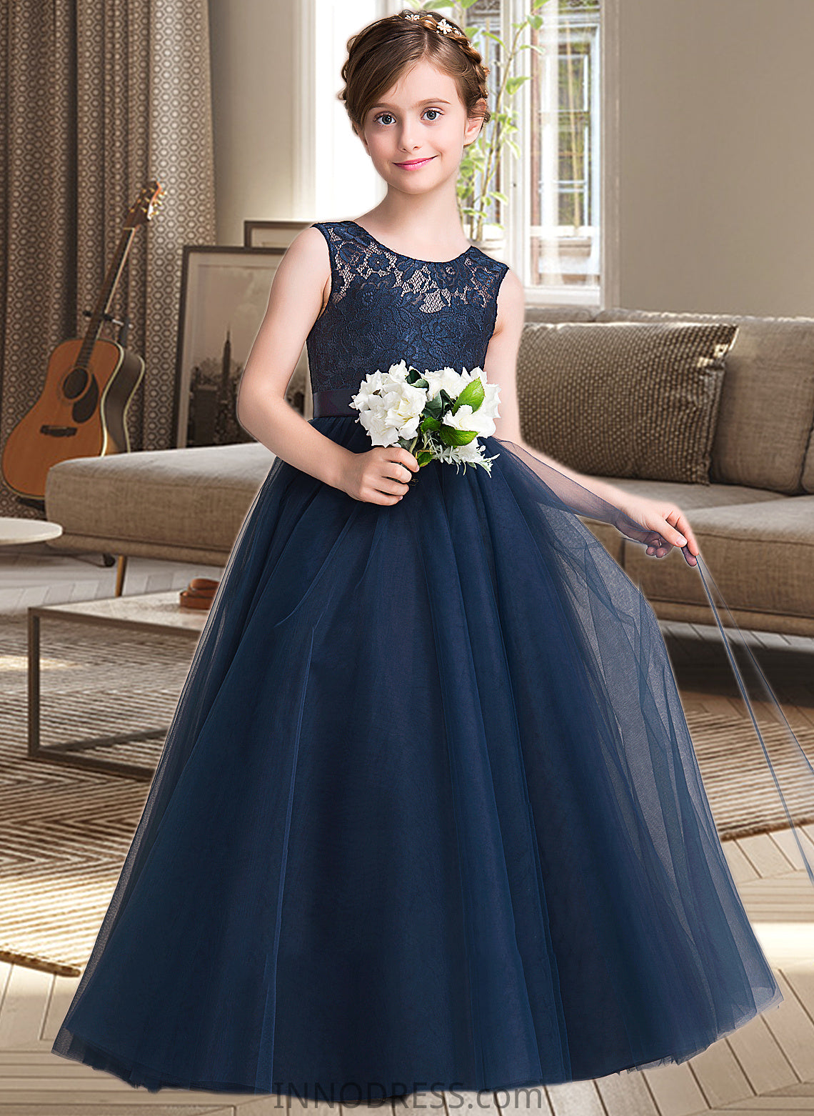 Kianna Ball-Gown/PrincessScoopNeckFloor-LengthTulleJuniorBridesmaidDressWithSash#126265 DPP0013449