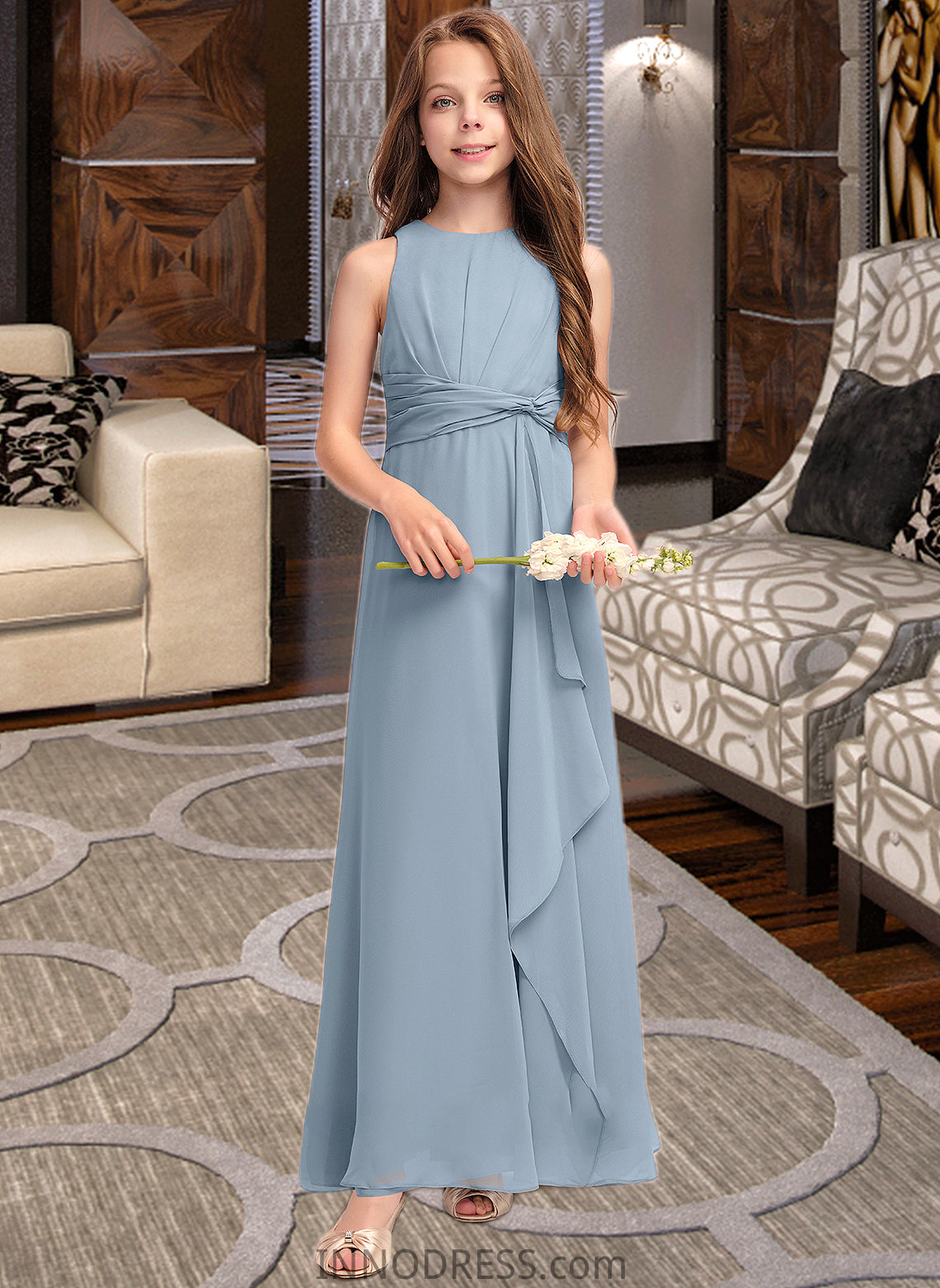 Iris A-Line Scoop Neck Floor-Length Chiffon Junior Bridesmaid Dress With Cascading Ruffles DPP0013450