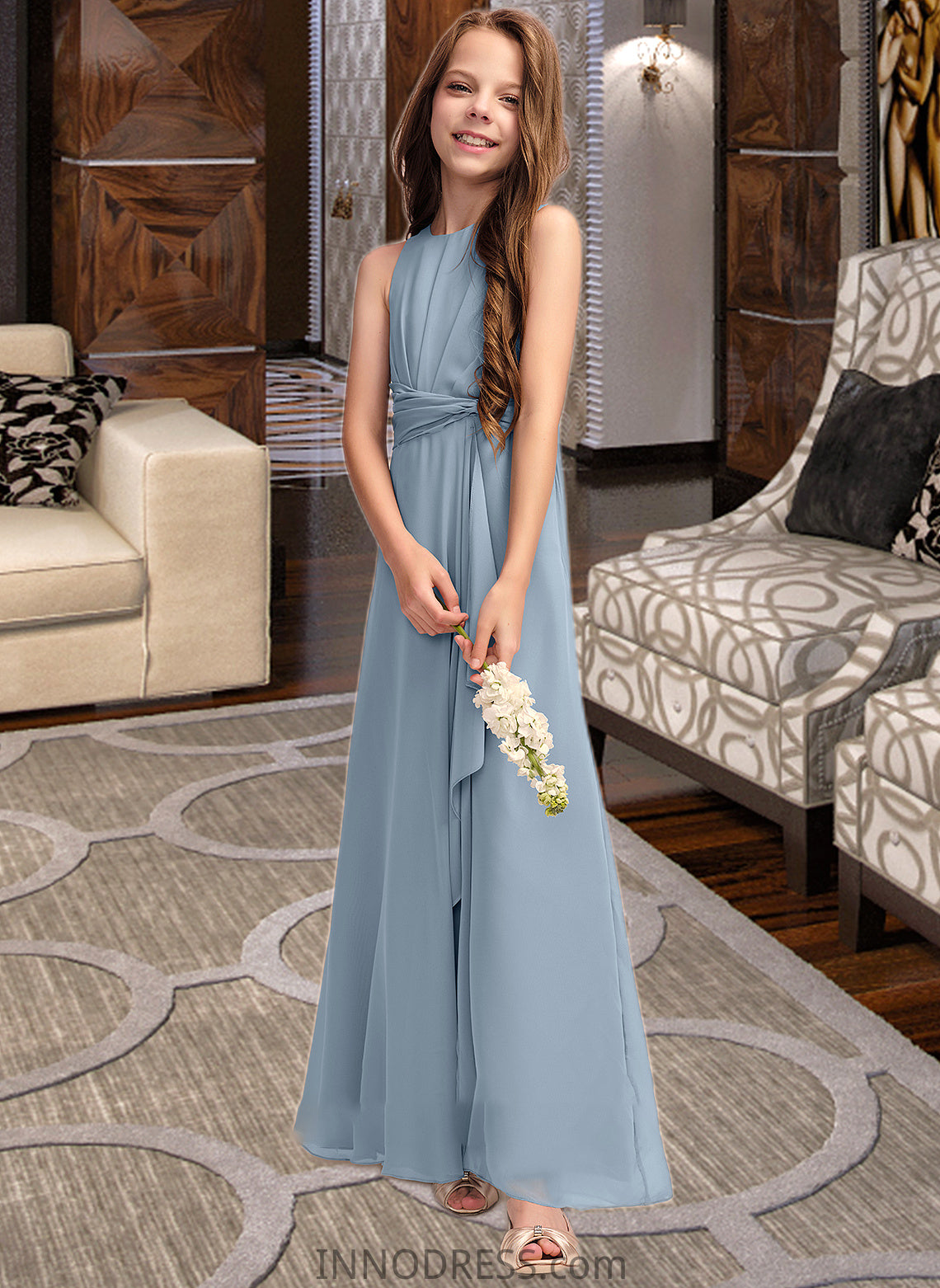 Iris A-Line Scoop Neck Floor-Length Chiffon Junior Bridesmaid Dress With Cascading Ruffles DPP0013450