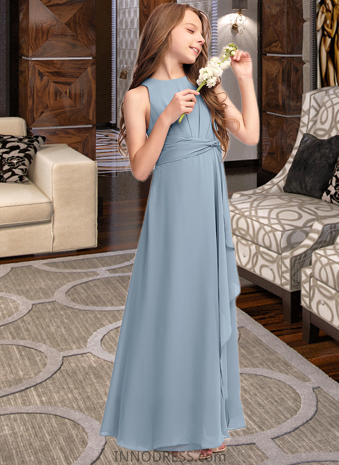 Iris A-Line Scoop Neck Floor-Length Chiffon Junior Bridesmaid Dress With Cascading Ruffles DPP0013450