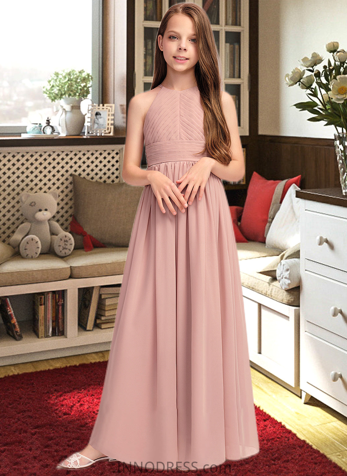 Florence A-Line Scoop Neck Floor-Length Chiffon Junior Bridesmaid Dress With Ruffle DPP0013451