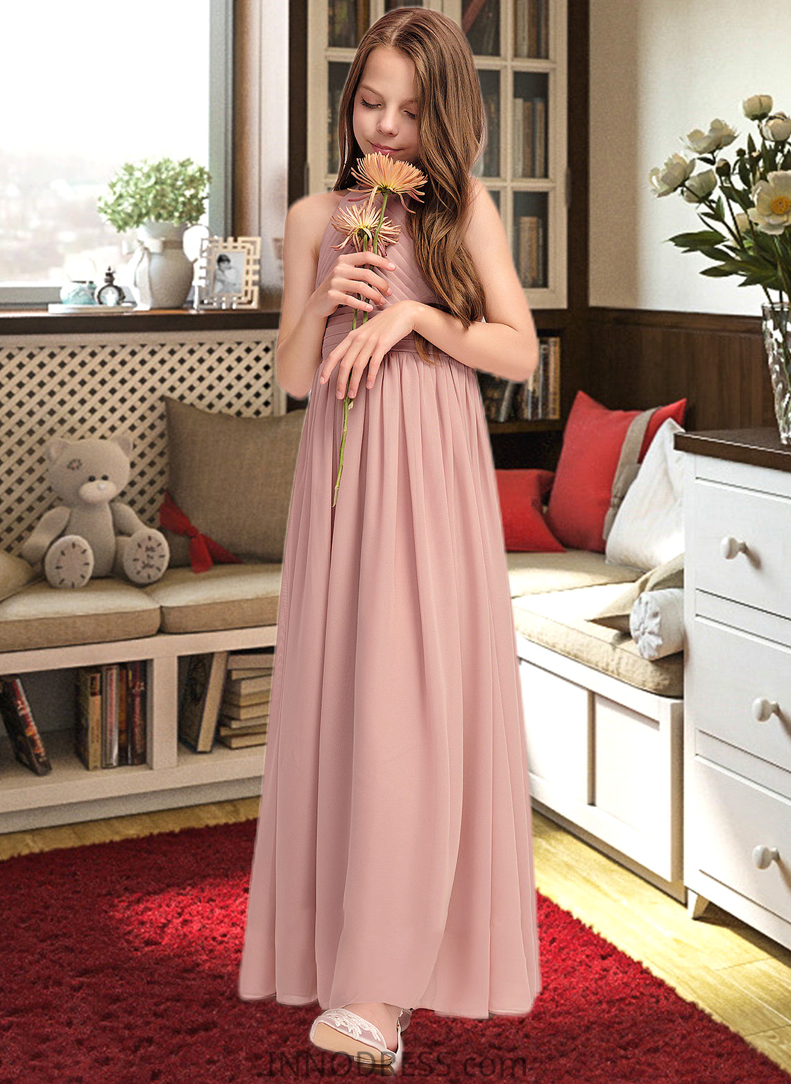 Florence A-Line Scoop Neck Floor-Length Chiffon Junior Bridesmaid Dress With Ruffle DPP0013451