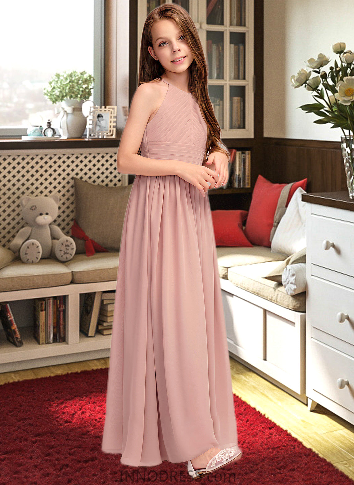 Florence A-Line Scoop Neck Floor-Length Chiffon Junior Bridesmaid Dress With Ruffle DPP0013451