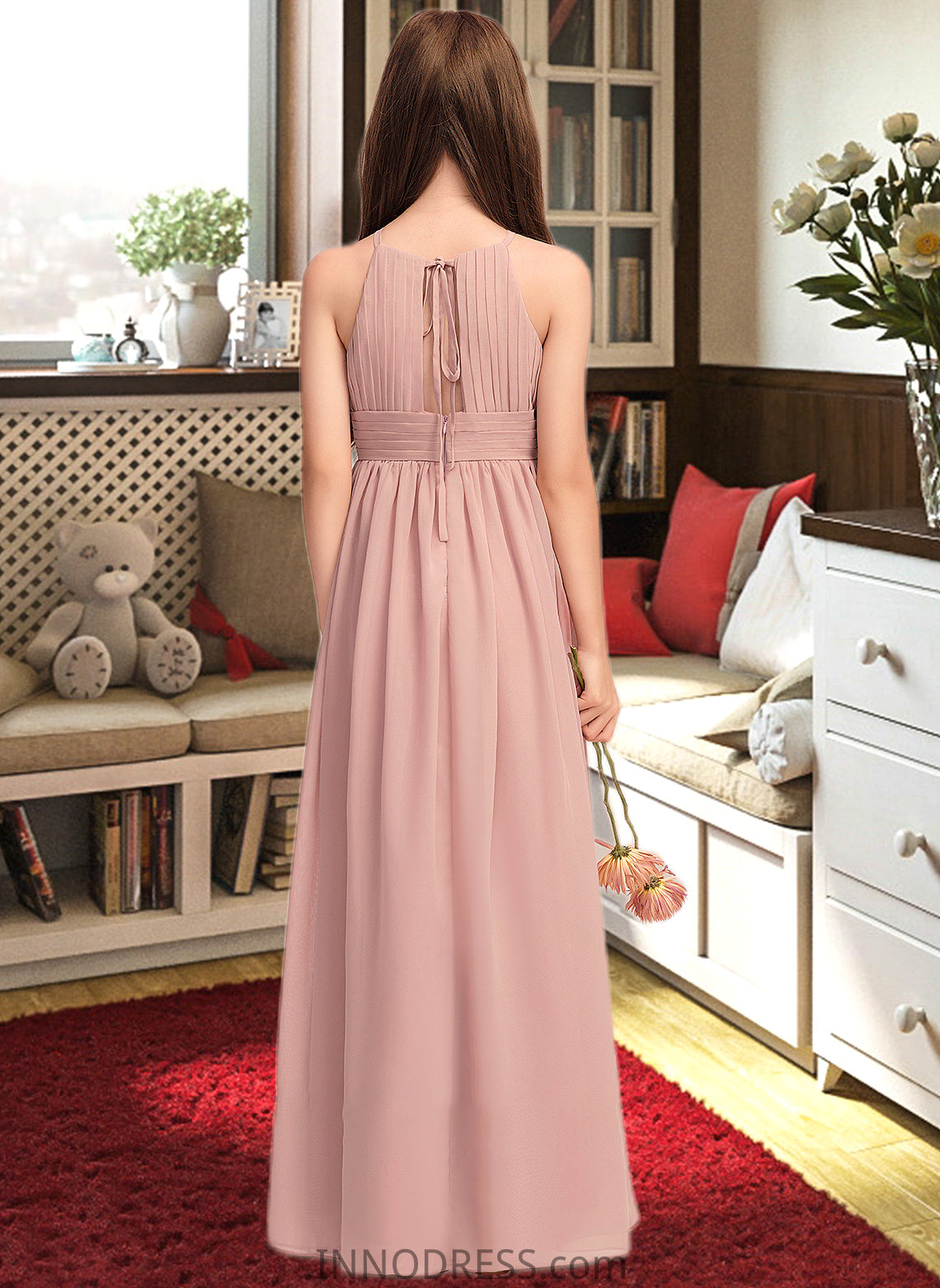 Florence A-Line Scoop Neck Floor-Length Chiffon Junior Bridesmaid Dress With Ruffle DPP0013451