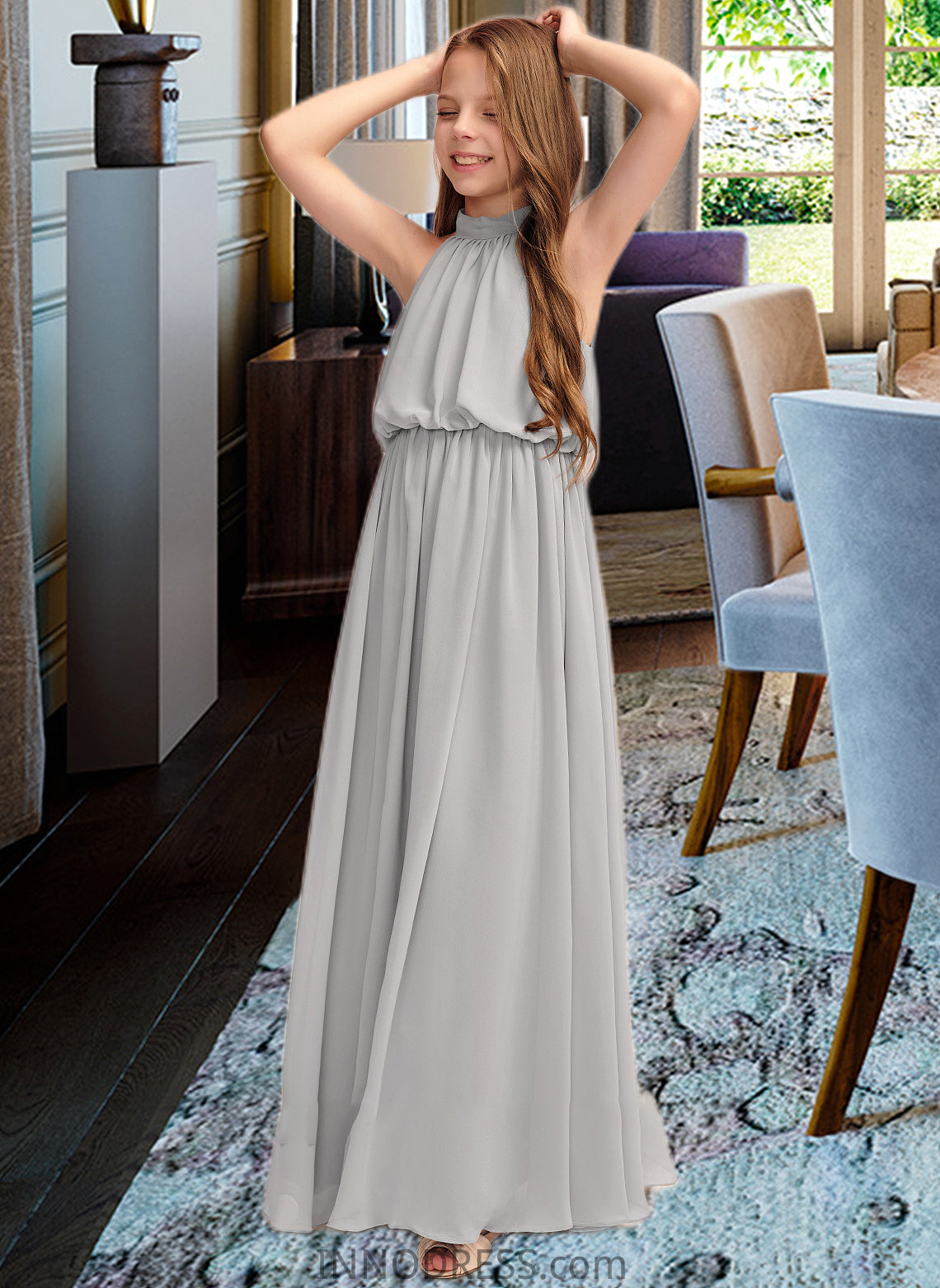 Patience A-Line High Neck Floor-Length Chiffon Junior Bridesmaid Dress With Ruffle DPP0013452