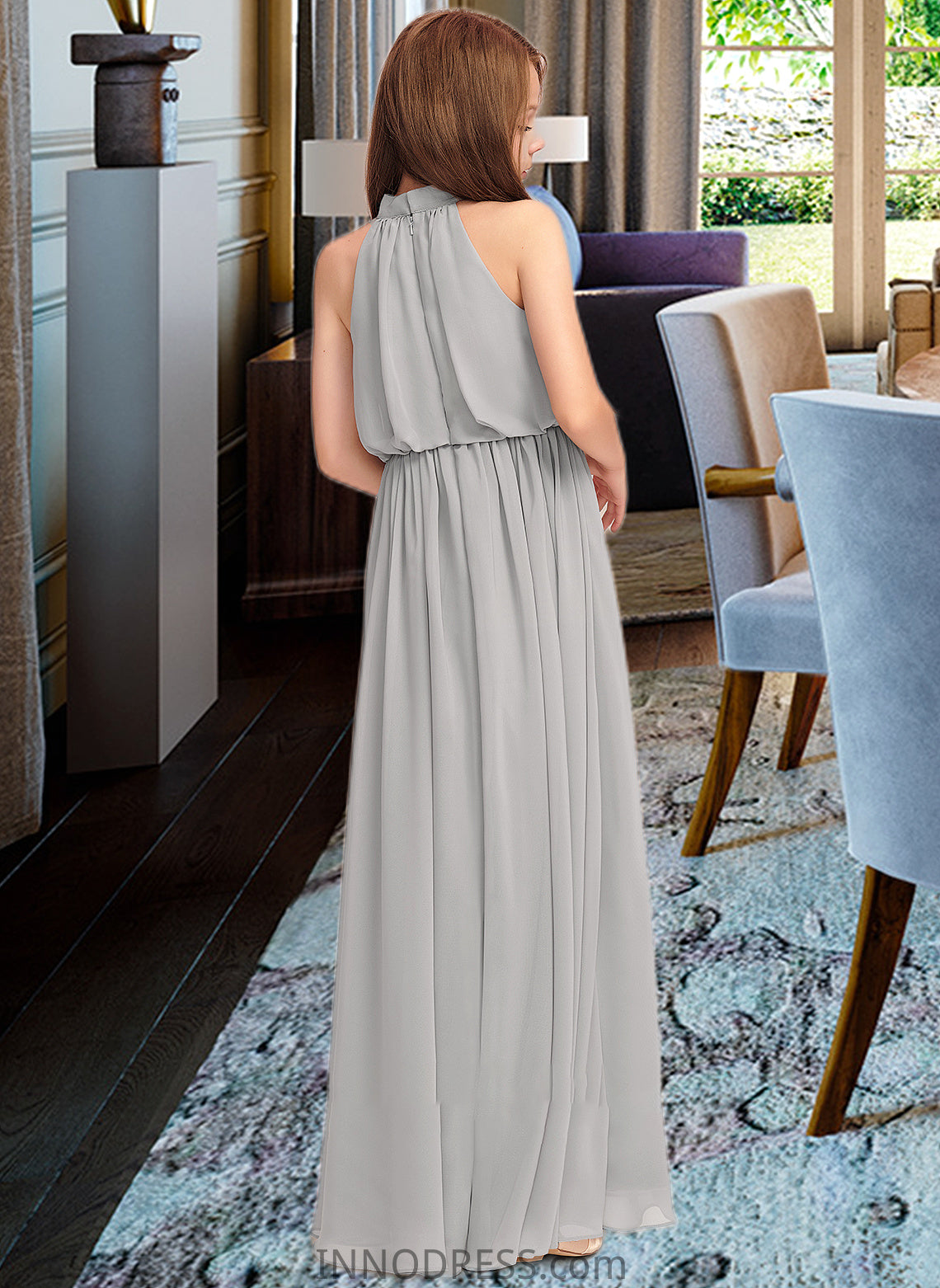 Patience A-Line High Neck Floor-Length Chiffon Junior Bridesmaid Dress With Ruffle DPP0013452