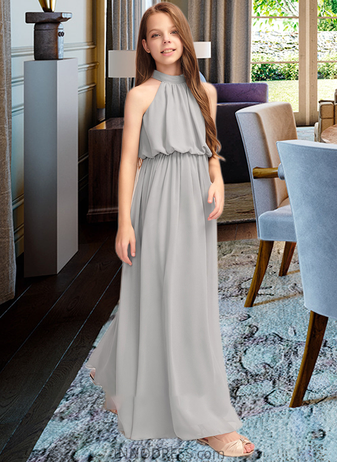 Patience A-Line High Neck Floor-Length Chiffon Junior Bridesmaid Dress With Ruffle DPP0013452