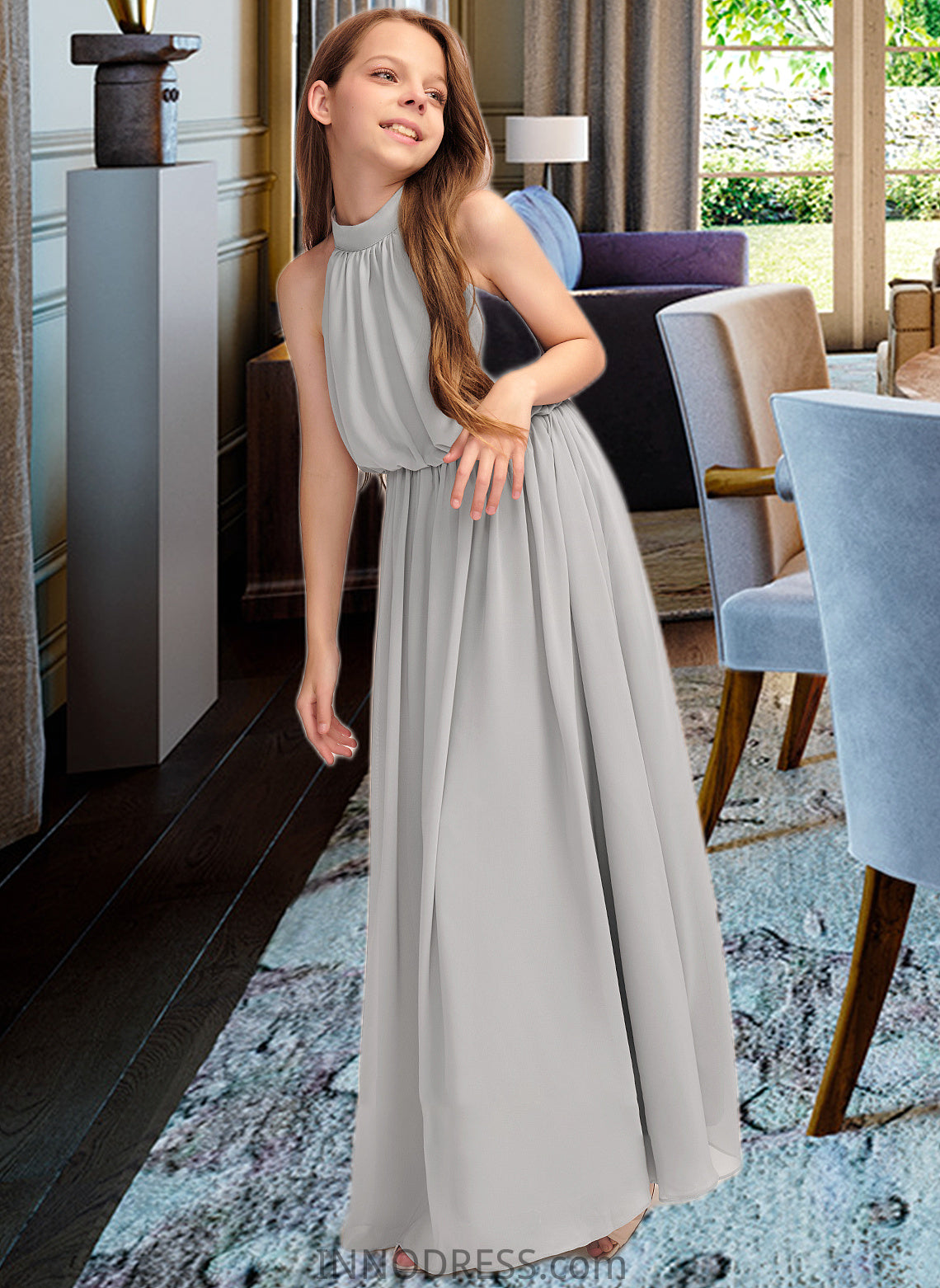 Patience A-Line High Neck Floor-Length Chiffon Junior Bridesmaid Dress With Ruffle DPP0013452