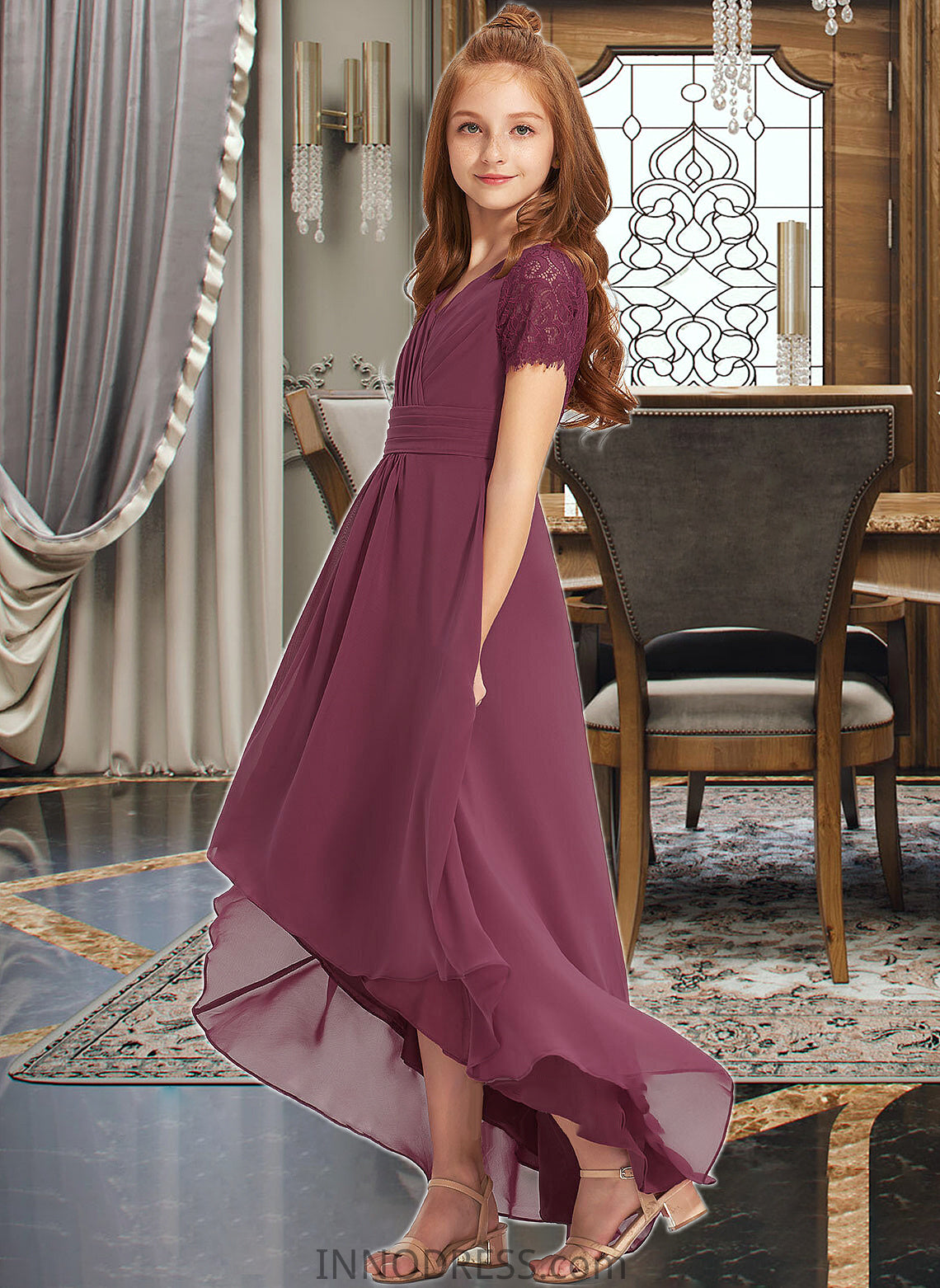 Baylee A-Line V-neck Asymmetrical Chiffon Lace Junior Bridesmaid Dress With Ruffle DPP0013453