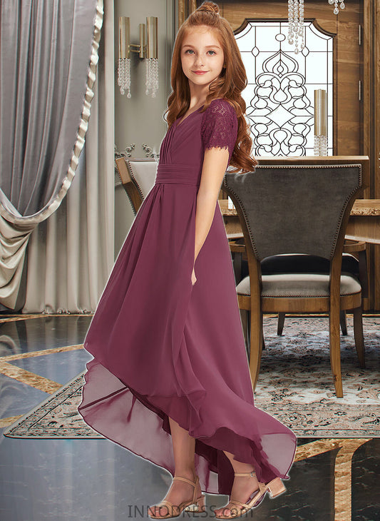 Baylee A-Line V-neck Asymmetrical Chiffon Lace Junior Bridesmaid Dress With Ruffle DPP0013453