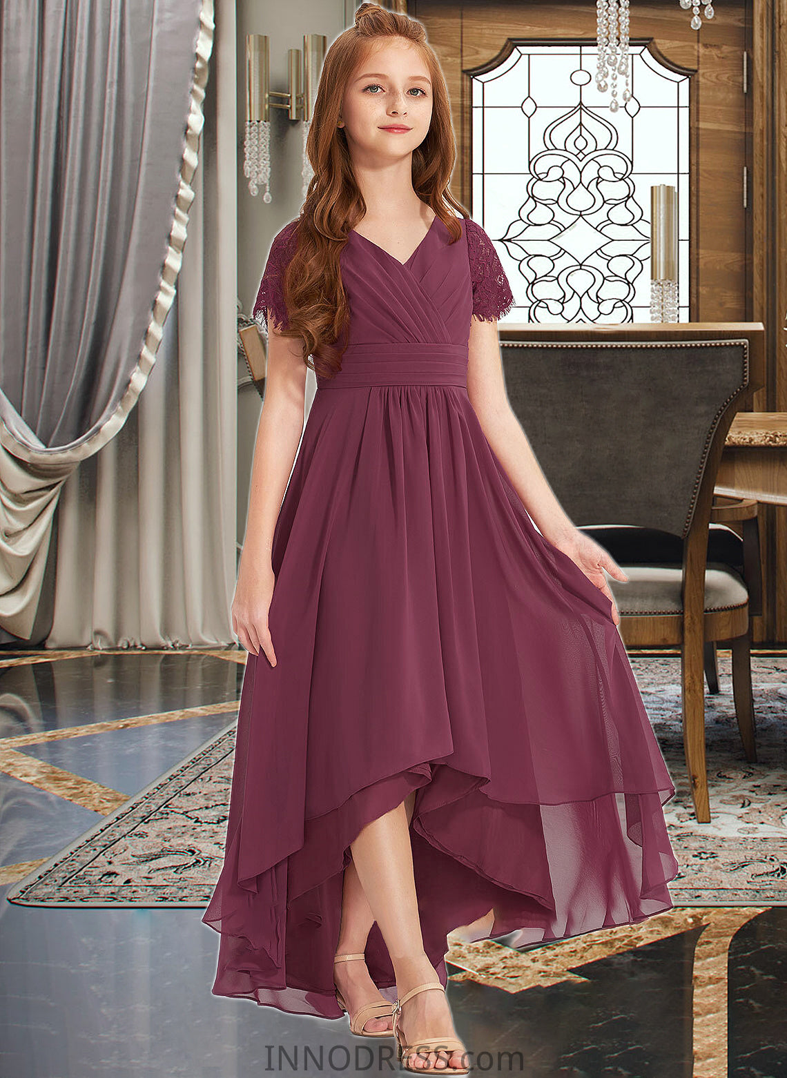 Baylee A-Line V-neck Asymmetrical Chiffon Lace Junior Bridesmaid Dress With Ruffle DPP0013453