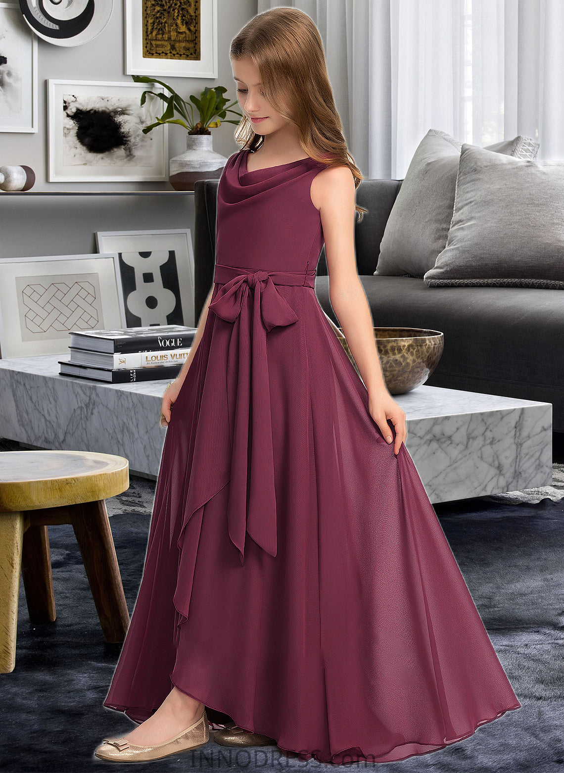 Bryanna A-Line Cowl Neck Asymmetrical Chiffon Junior Bridesmaid Dress With Bow(s) DPP0013454