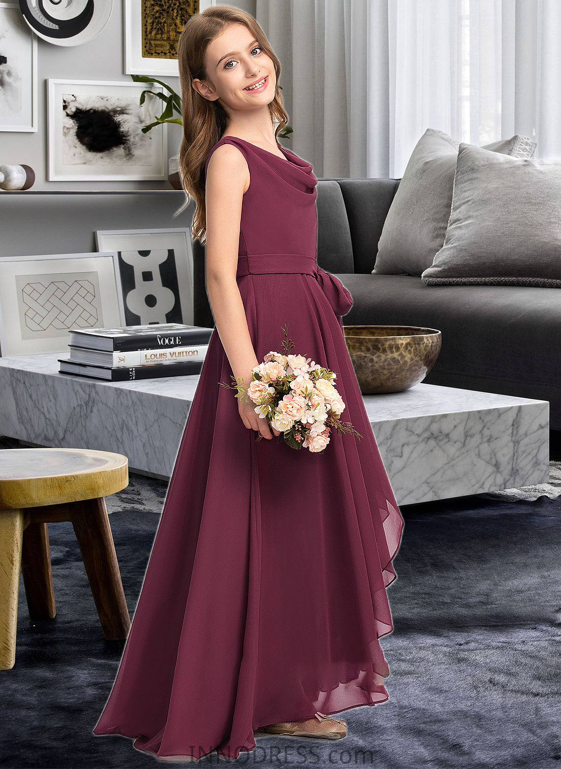 Bryanna A-Line Cowl Neck Asymmetrical Chiffon Junior Bridesmaid Dress With Bow(s) DPP0013454