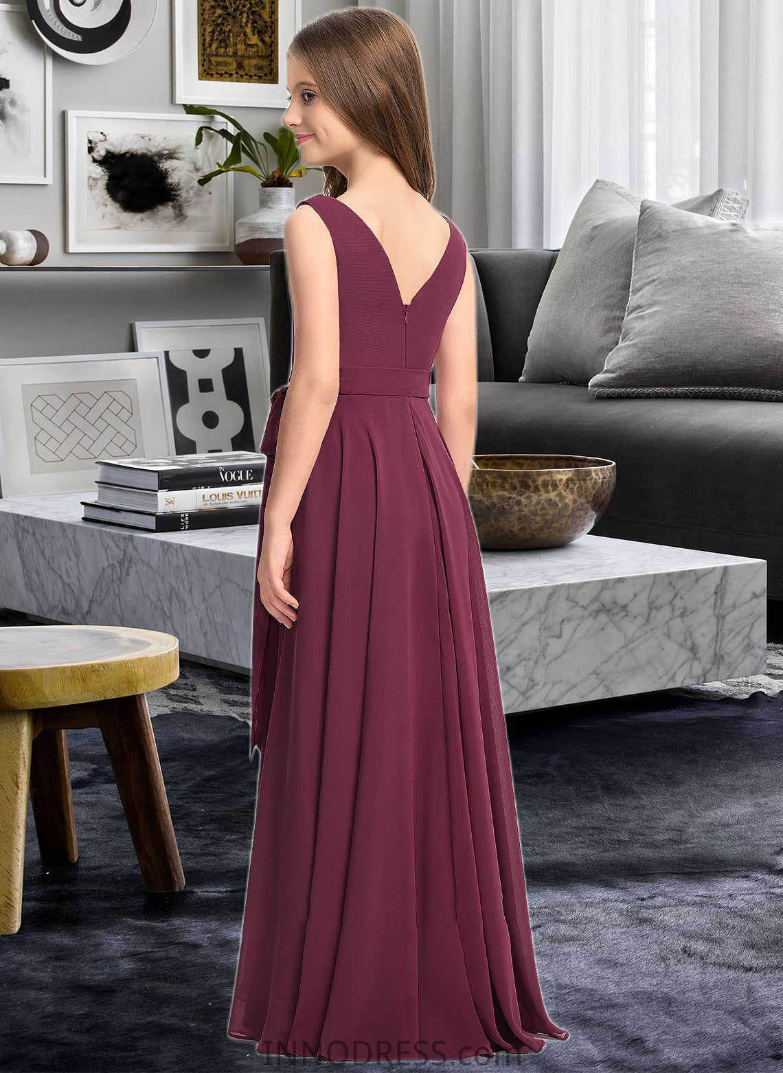 Bryanna A-Line Cowl Neck Asymmetrical Chiffon Junior Bridesmaid Dress With Bow(s) DPP0013454