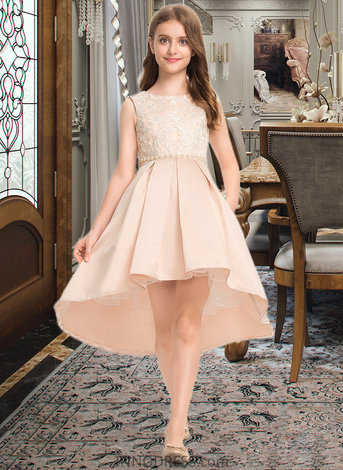 Jaylene A-Line Scoop Neck Asymmetrical Satin Lace Junior Bridesmaid Dress With Beading Pockets DPP0013455