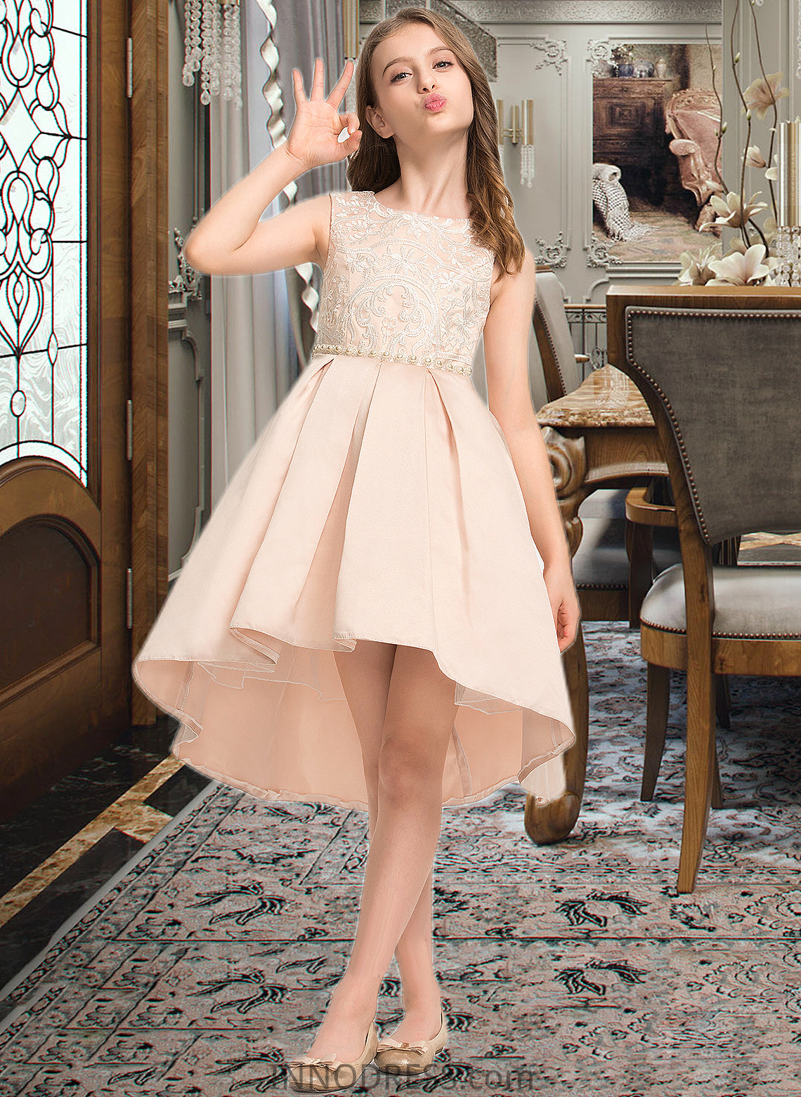 Jaylene A-Line Scoop Neck Asymmetrical Satin Lace Junior Bridesmaid Dress With Beading Pockets DPP0013455