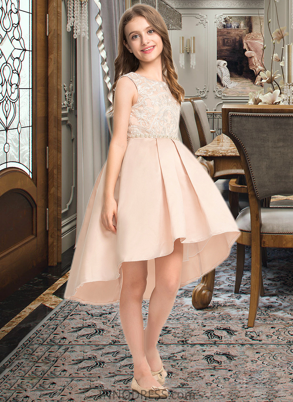 Jaylene A-Line Scoop Neck Asymmetrical Satin Lace Junior Bridesmaid Dress With Beading Pockets DPP0013455