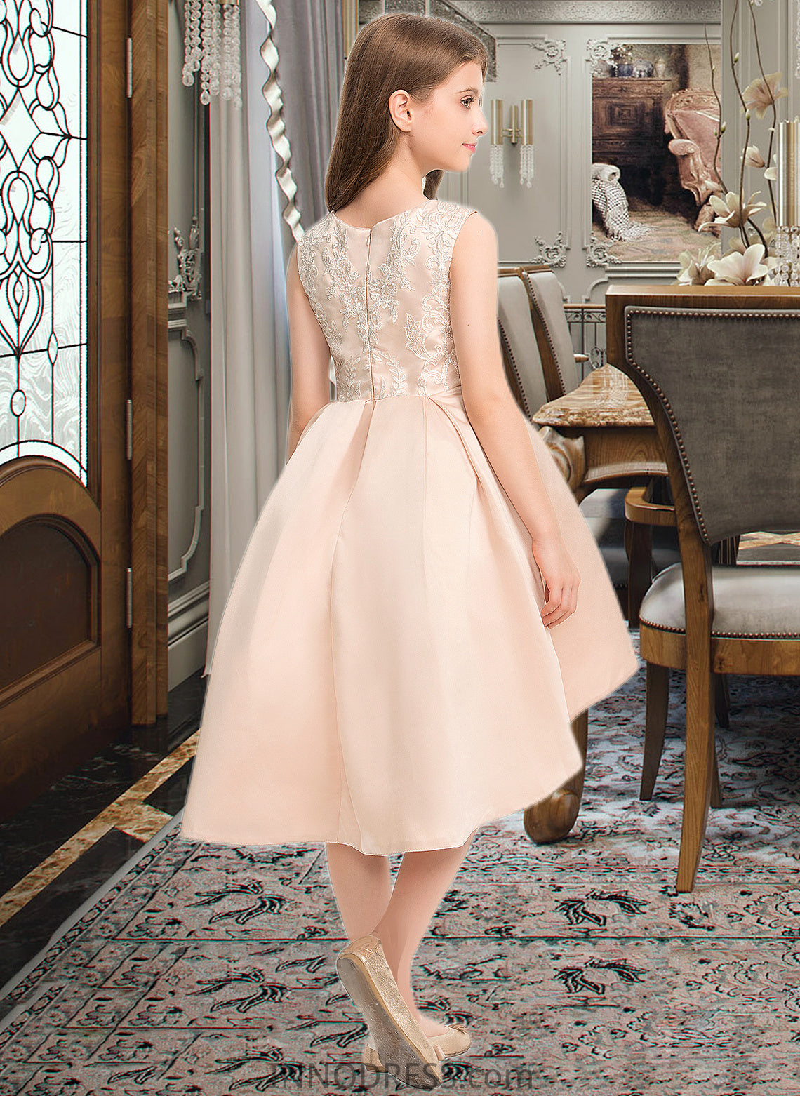 Jaylene A-Line Scoop Neck Asymmetrical Satin Lace Junior Bridesmaid Dress With Beading Pockets DPP0013455