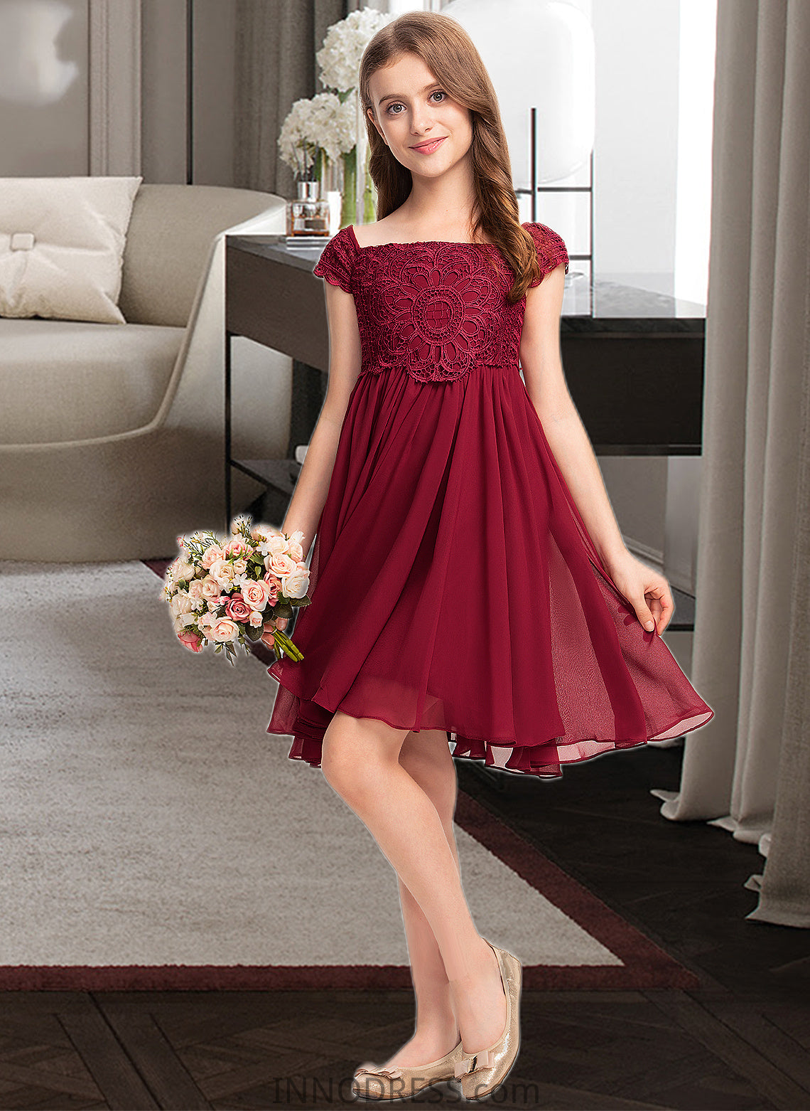 Kassandra A-Line Off-the-Shoulder Knee-Length Chiffon Lace Junior Bridesmaid Dress With Bow(s) DPP0013456