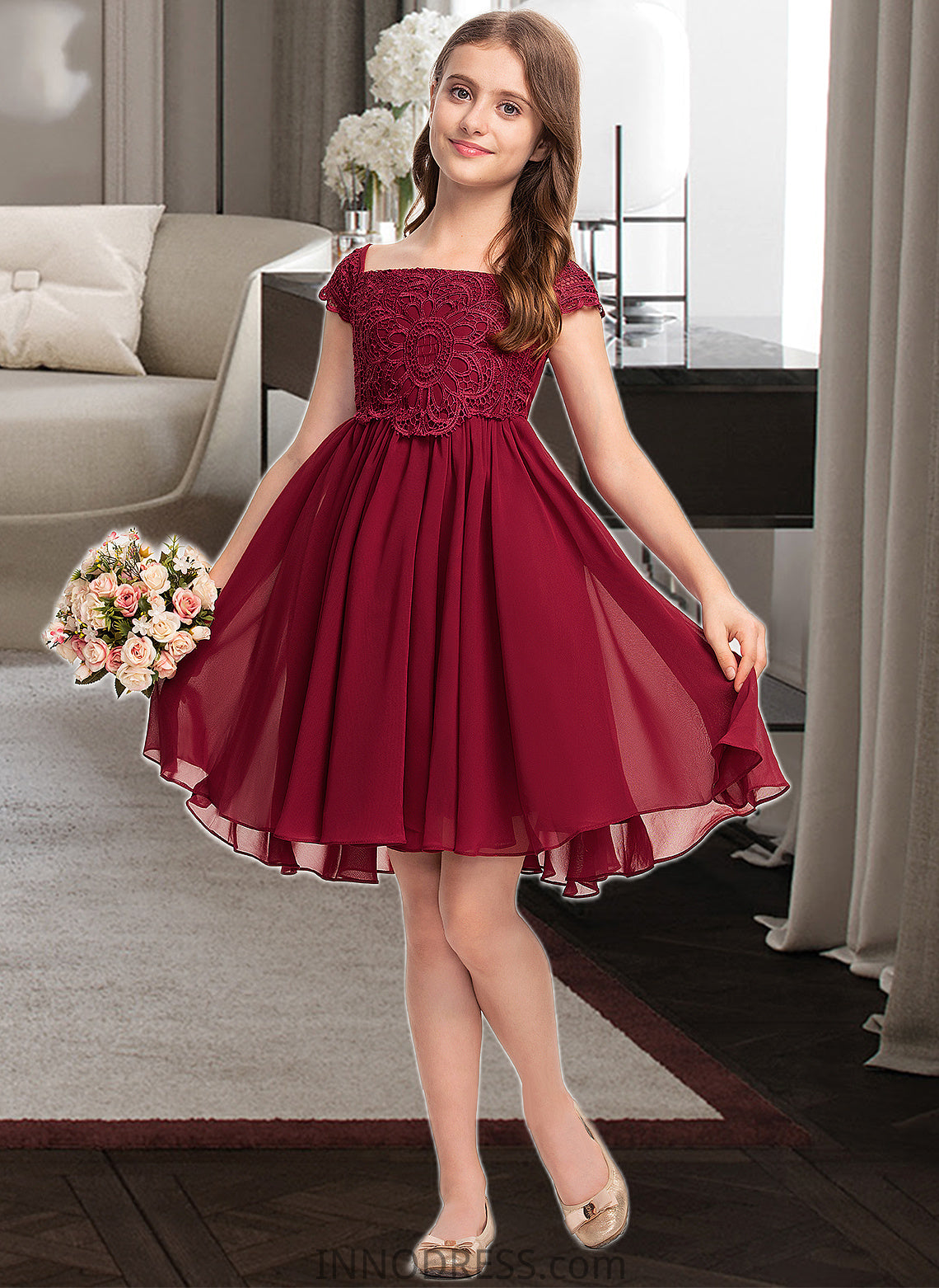 Kassandra A-Line Off-the-Shoulder Knee-Length Chiffon Lace Junior Bridesmaid Dress With Bow(s) DPP0013456