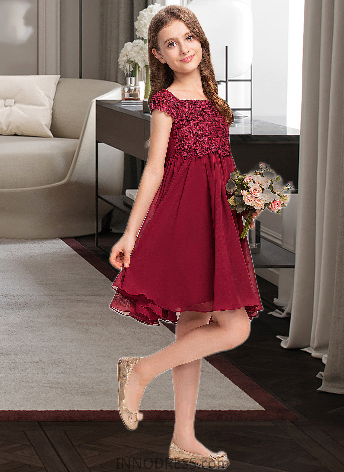 Kassandra A-Line Off-the-Shoulder Knee-Length Chiffon Lace Junior Bridesmaid Dress With Bow(s) DPP0013456