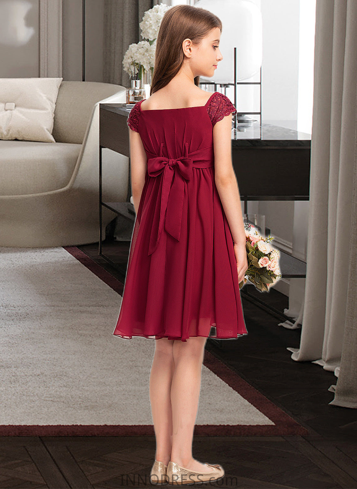 Kassandra A-Line Off-the-Shoulder Knee-Length Chiffon Lace Junior Bridesmaid Dress With Bow(s) DPP0013456